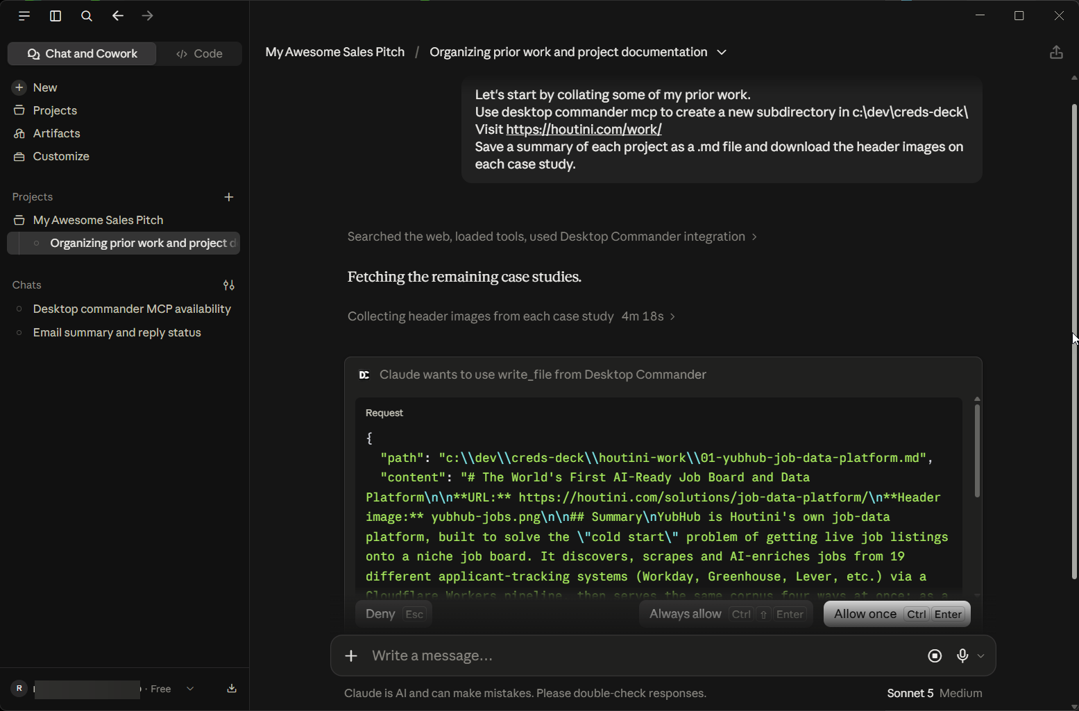The permission prompt: Claude wants to use write_file from Desktop Commander, the request showing the path and content of the file it's about to create, and Deny, Always allow and Allow once buttons.
