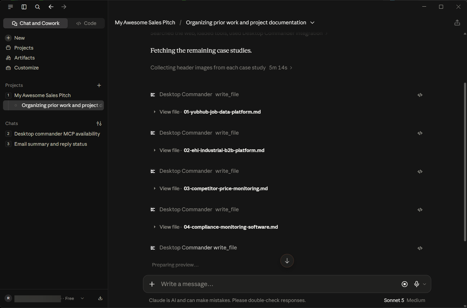The chat after approval: a run of Desktop Commander write_file calls, each with a View file link to the markdown file it created.