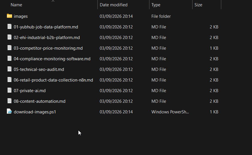 The folder in Windows Explorer afterwards: eight markdown summaries, an images folder and a download-images.ps1 script.