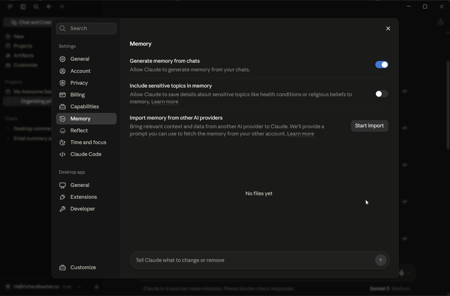 The Memory page in Settings on the fresh account: Generate memory from chats on, Include sensitive topics in memory off, a Start import button for memory from another AI provider, and No files yet.
