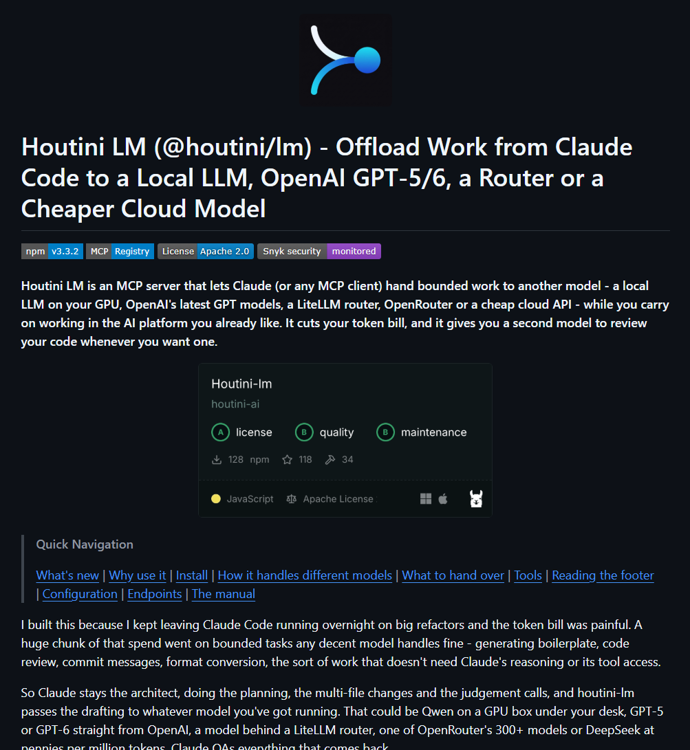 The houtini-lm README on GitHub: the logo, npm, MCP Registry, Apache 2.0 and Snyk badges, and the opening line describing an MCP server that lets Claude hand bounded work to a local LLM, OpenAI GPT models, a LiteLLM router, OpenRouter or a cheap cloud API