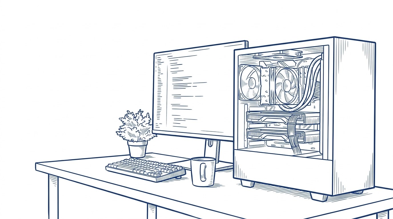 The workstation photo redrawn by Gemini MCP's edit_image as a dark blue engraving-style line illustration with hatching on white