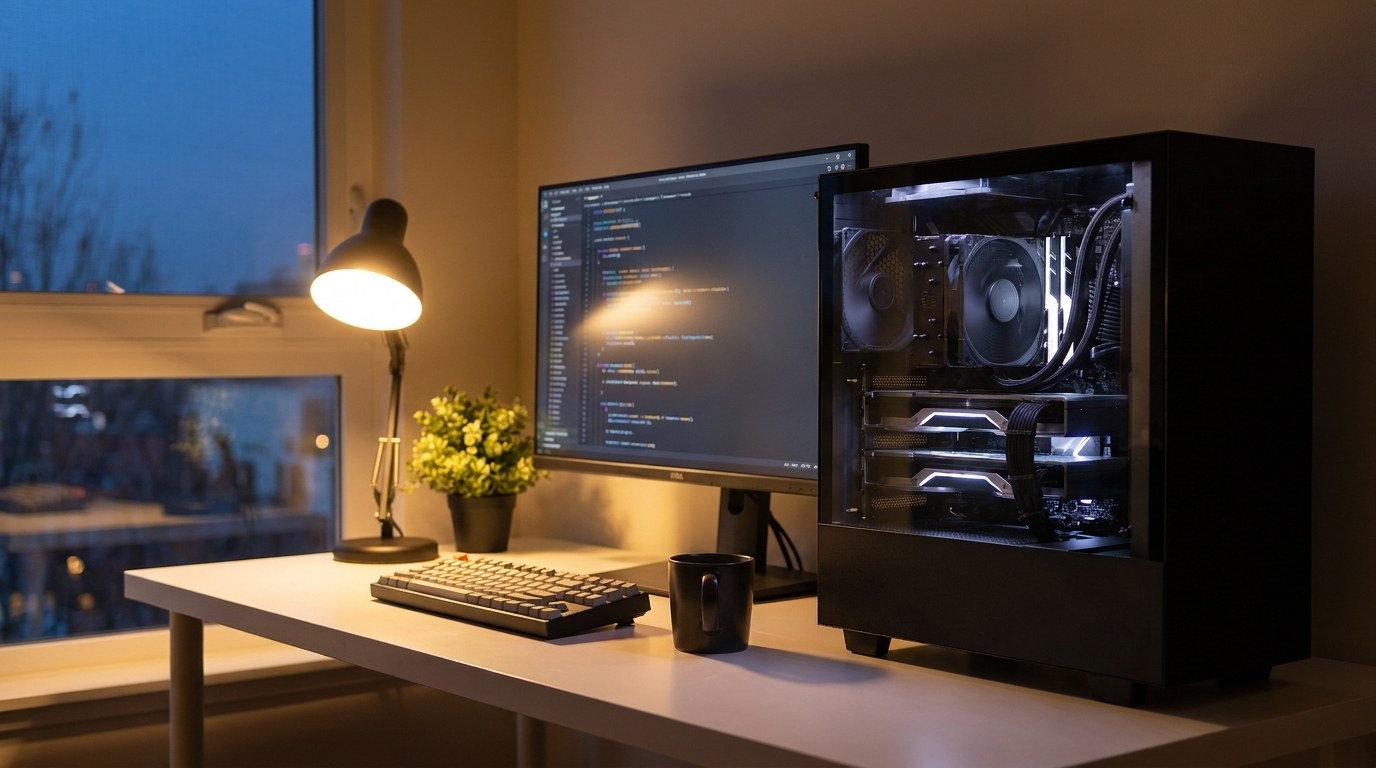The same workstation and camera angle at dusk, with a warm desk lamp added on the left, a dark blue window and the graphics cards glowing inside the PC