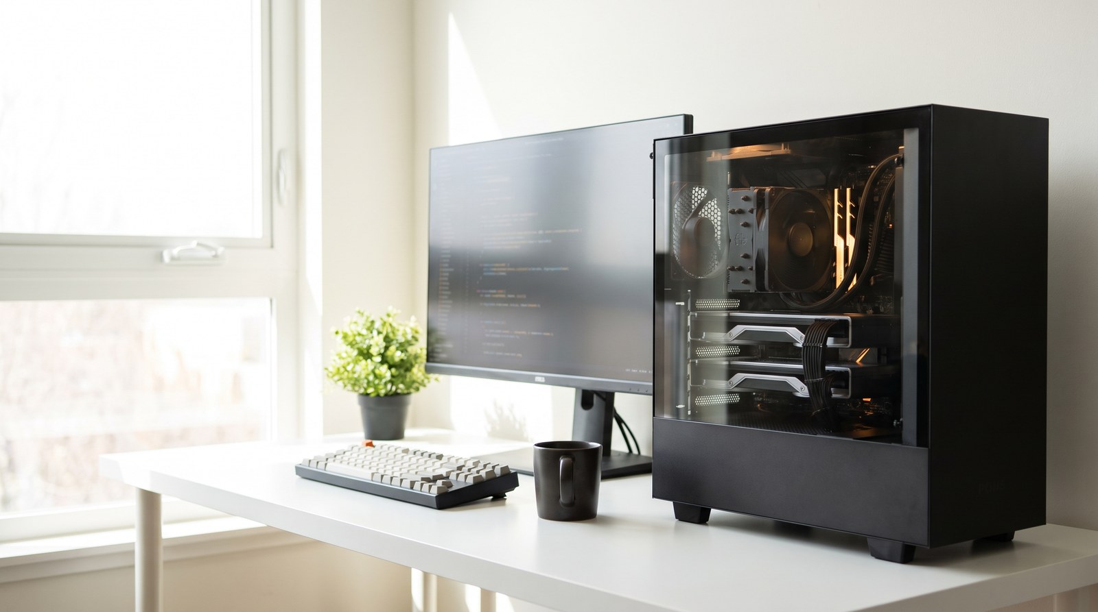Photorealistic home-office AI workstation on a white desk: a black tower PC with a glass side panel showing two graphics cards, a monitor, a keyboard, a black mug and a potted plant in soft window light
