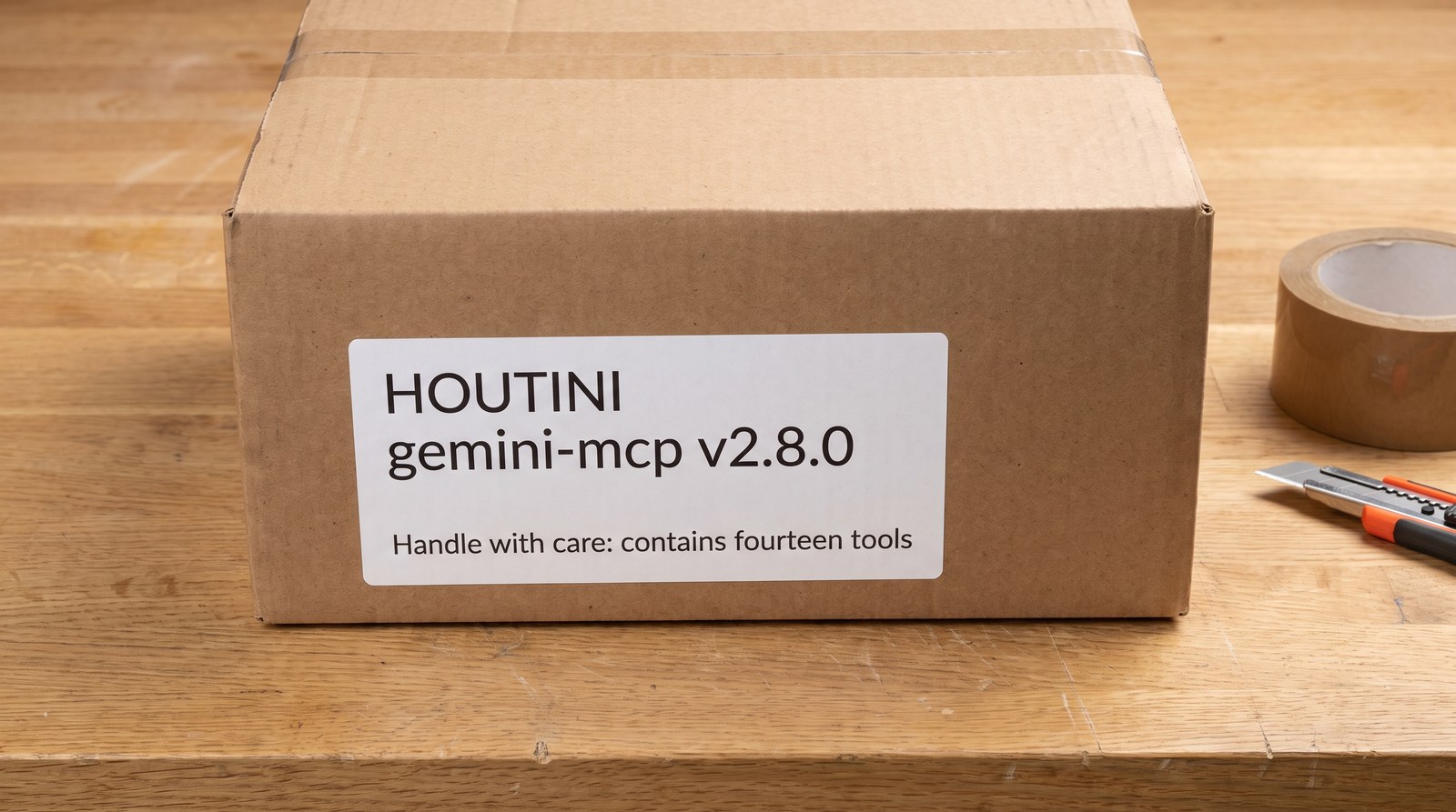 A cardboard shipping box on an oak workbench with a printed label reading HOUTINI, gemini-mcp v2.8.0, Handle with care: contains fourteen tools, made with Nano Banana Pro through Gemini MCP