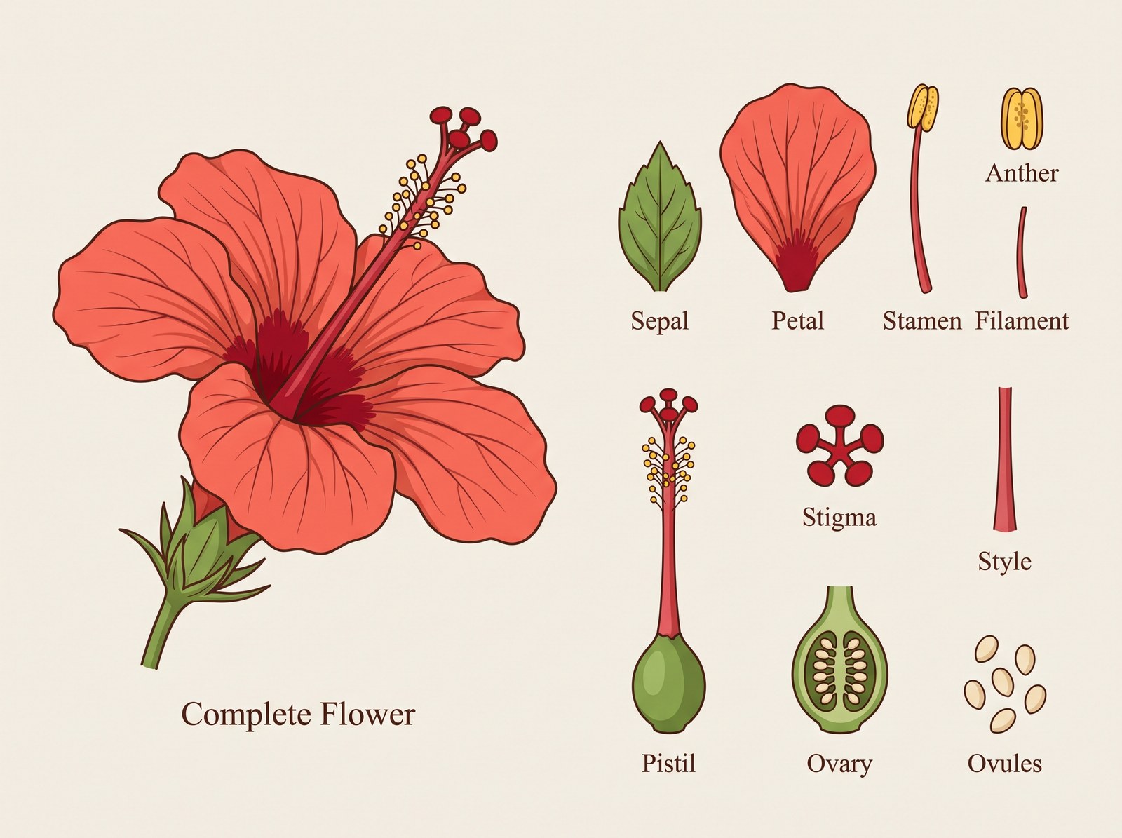 Botanical plate of a hibiscus flower drawn by Nano Banana Pro: the complete flower plus the sepal, petal, stamen, anther, filament, pistil, stigma, style, ovary in cross-section and ovules, each labelled