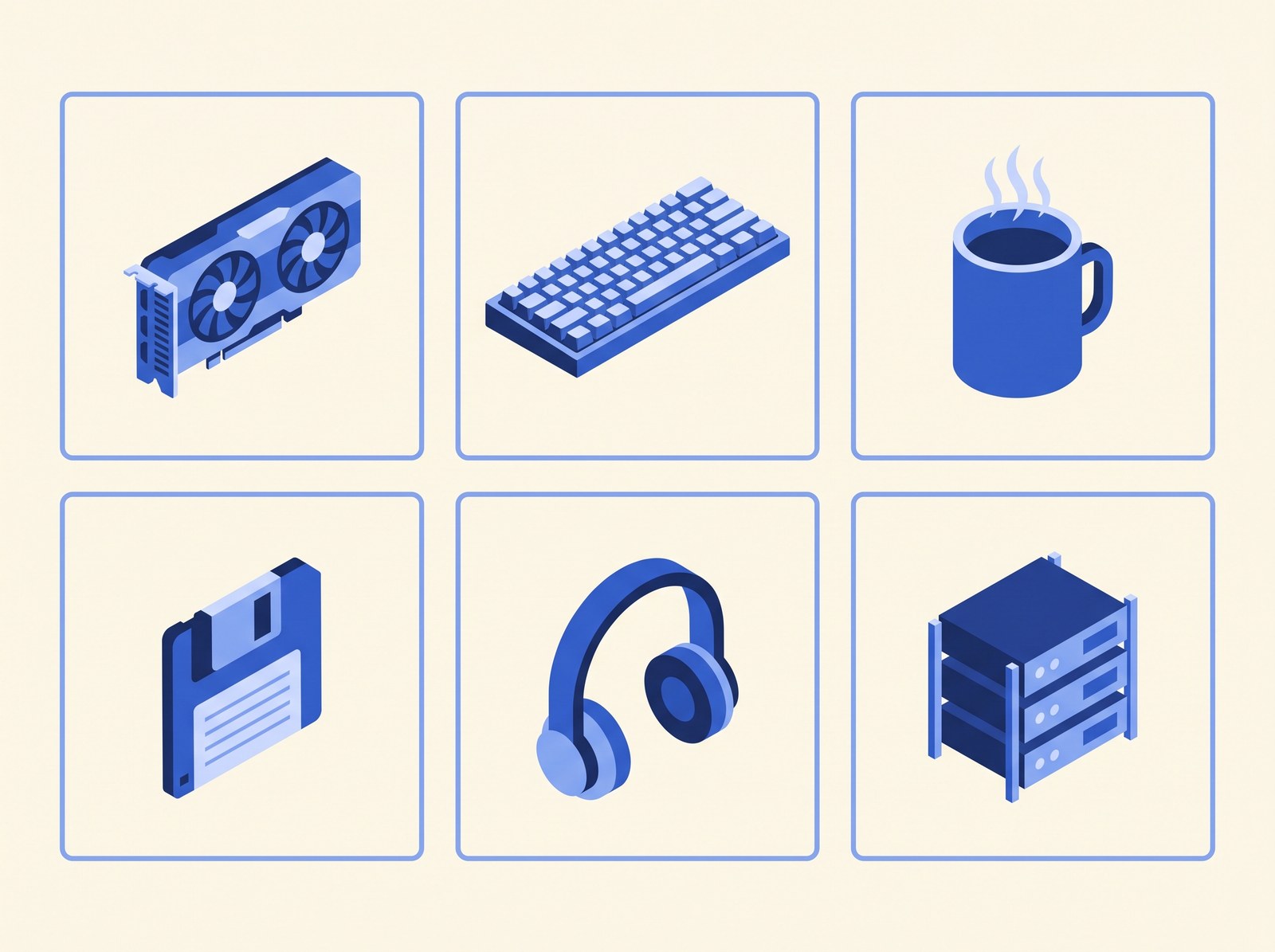 Six isometric icons in one monochrome blue style drawn by Nano Banana Pro: a graphics card, a mechanical keyboard, a coffee mug, a floppy disk, over-ear headphones and a server rack