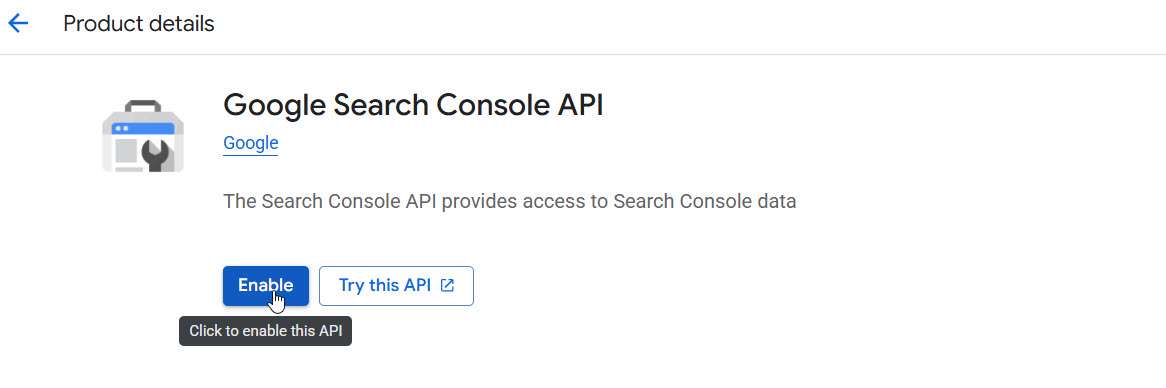 The Google Search Console API page in Google Cloud Console with the Enable button