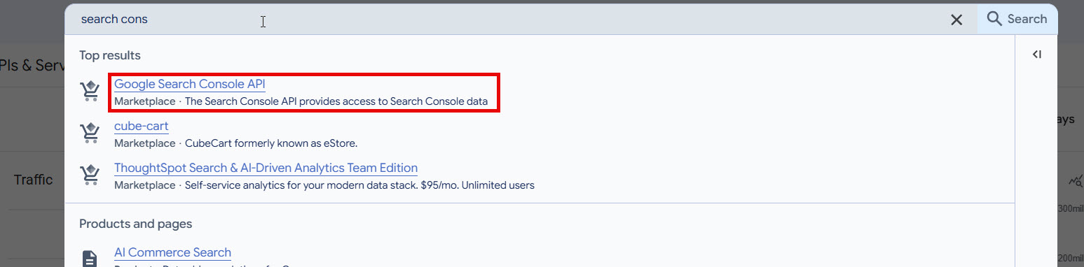 Google Cloud Console API library with search console typed into the search box