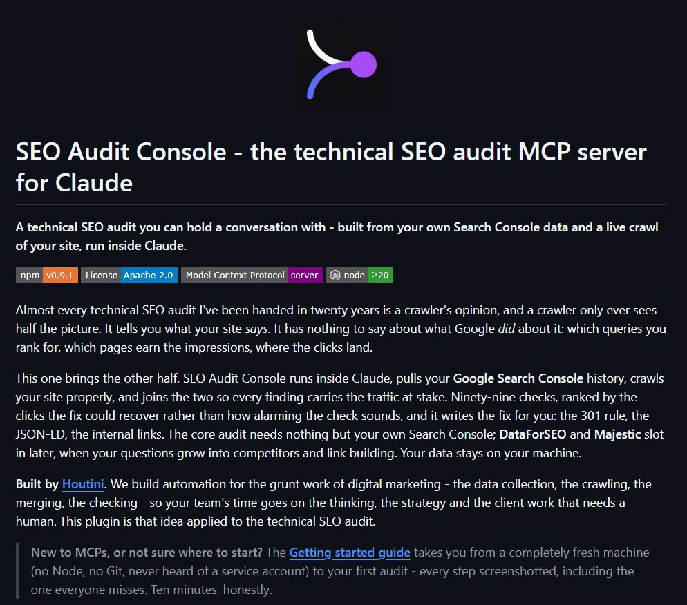 The SEO Audit Console README on GitHub: the technical SEO audit MCP server for Claude, built from your own Search Console data and a live crawl of your site