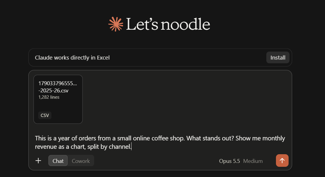 Claude Desktop's Chat tab with the sample coffee-shop CSV attached (1,282 lines) and the prompt asking what stands out and for monthly revenue as a chart split by channel, with a 'Claude works directly in Excel' install suggestion above the message box