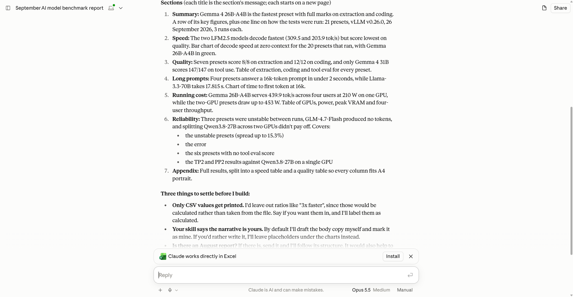 Claude's outline of seven sections and the three things it wanted settled before building, about calculated ratios, who writes the narrative and last month's report