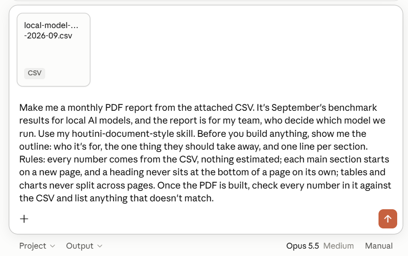A new Claude chat with a CSV file attached and the report prompt typed in