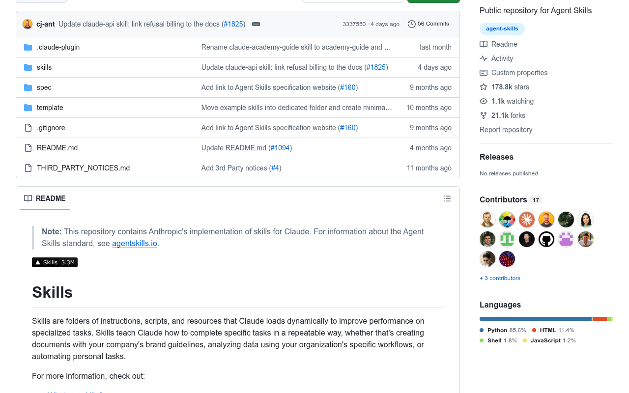 Anthropic's skills repository on GitHub, 178.8k stars, with the skills, spec and template folders