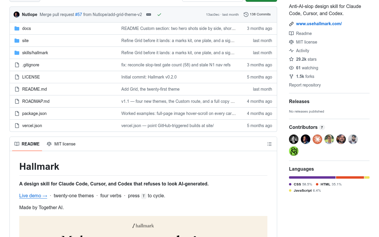 Hallmark's GitHub page: Made by Together AI, 29.2k stars, 138 commits and no releases