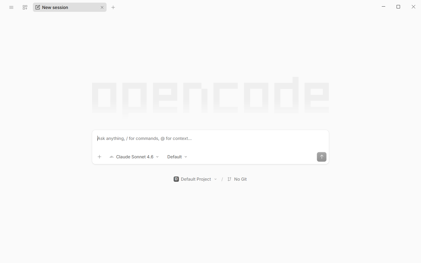 OpenCode Desktop on first launch: a New session tab with an empty prompt box, the model set to Claude Sonnet 4.6 and the project set to Default Project