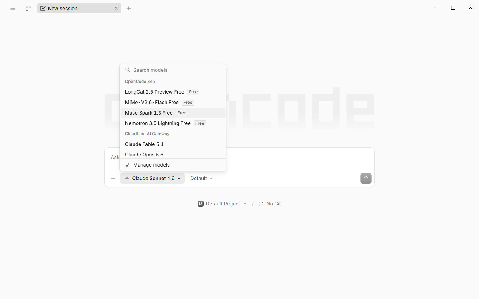 The OpenCode model picker before any provider was connected, listing four OpenCode Zen free models and a Cloudflare AI Gateway group that starts with Claude Fable 5.1 and Claude Opus 5.5