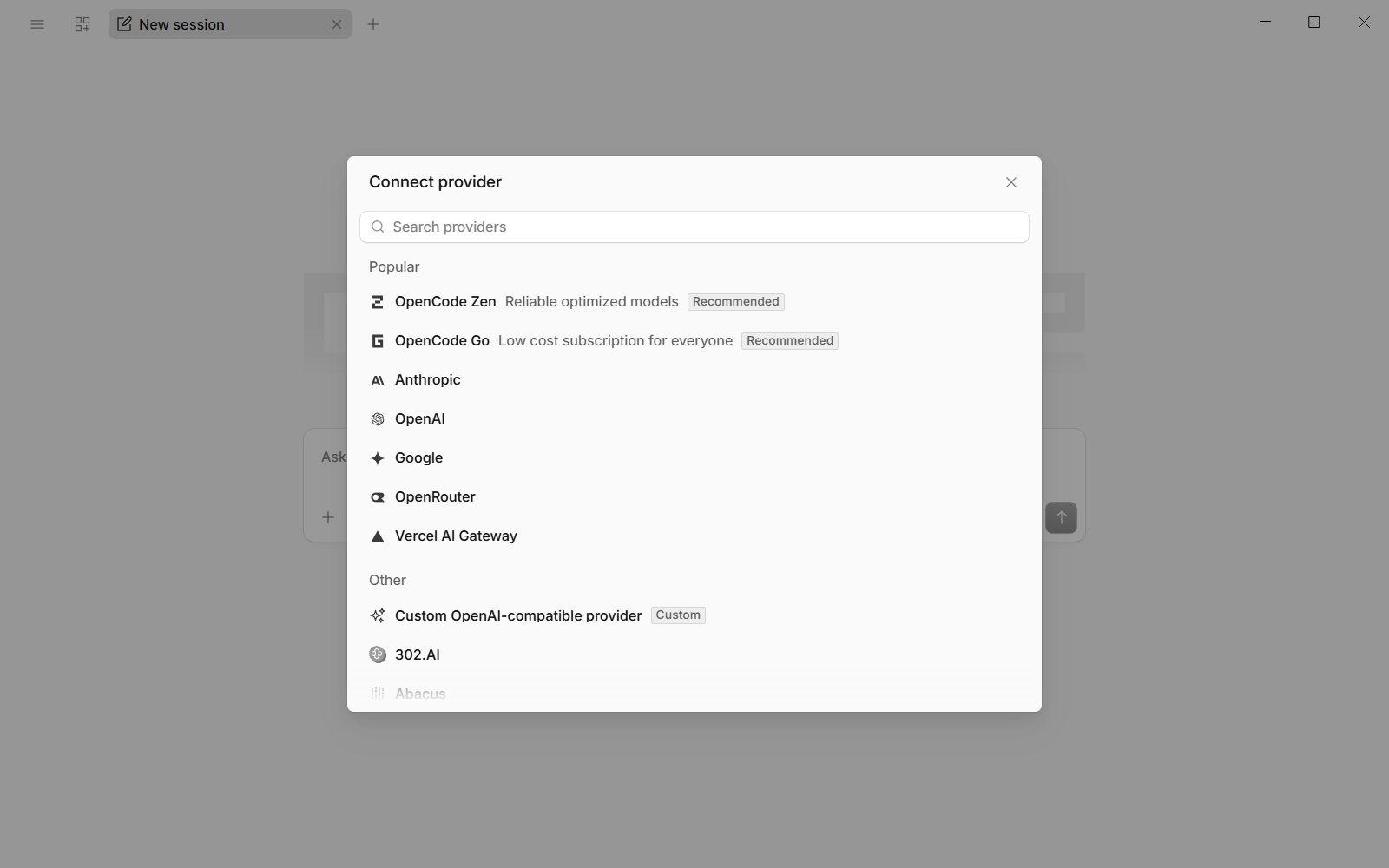 The Connect provider dialog in OpenCode Desktop, with OpenCode Zen and OpenCode Go marked Recommended at the top of the popular providers and Custom OpenAI-compatible provider under Other