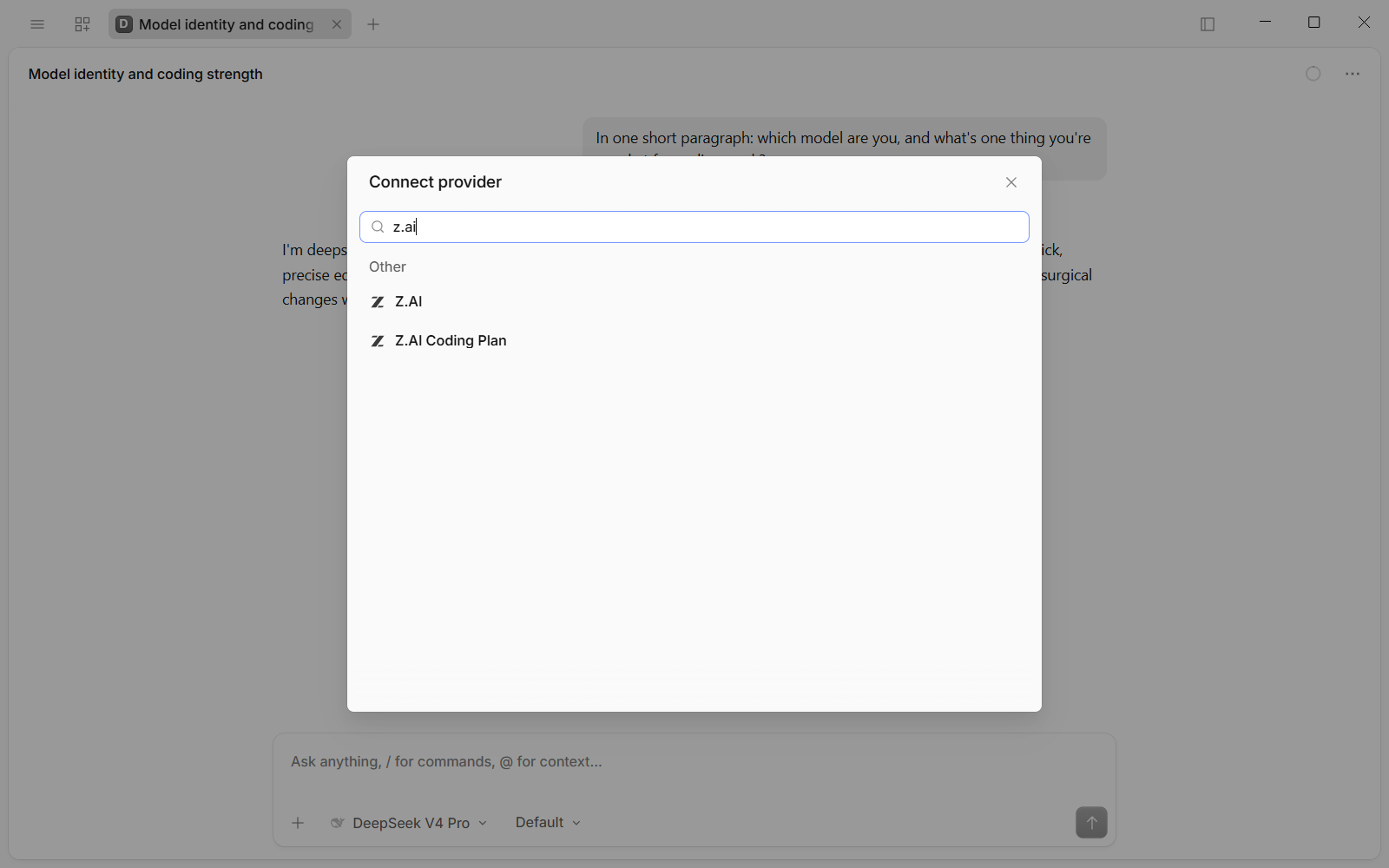 Searching the provider list for z.ai returns two entries, Z.AI and Z.AI Coding Plan