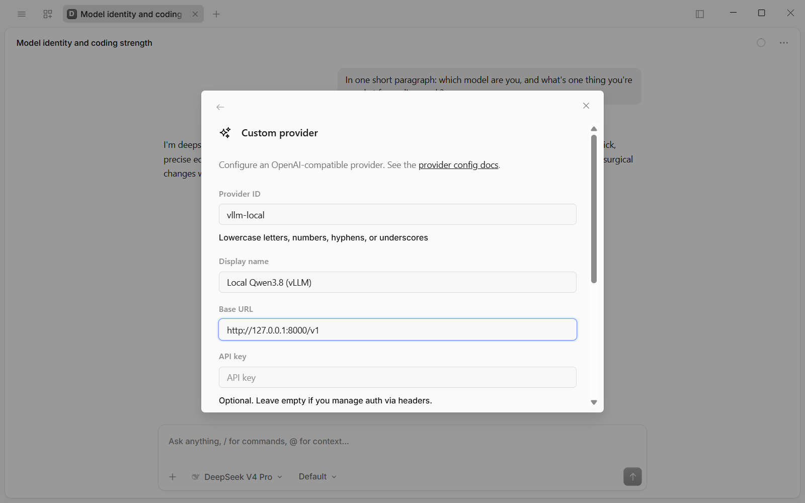 The Custom provider form filled in with provider ID vllm-local, display name Local Qwen3.8 (vLLM) and base URL http://127.0.0.1:8000/v1