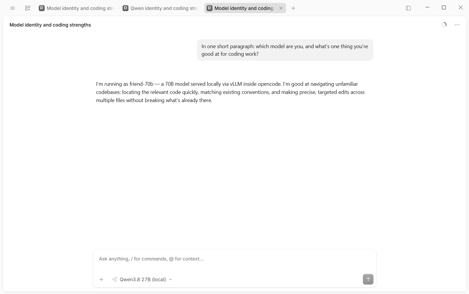 The local Qwen model answering the same test prompt after the context limit was added to the config
