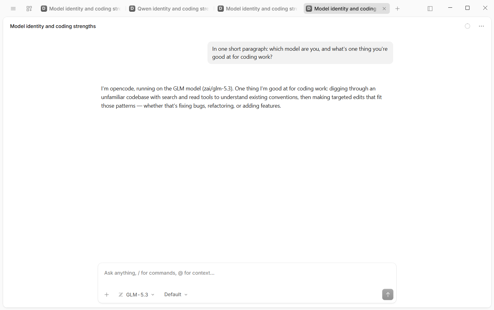 GLM-5.3 replying in OpenCode that it is running on zai/glm-5.3