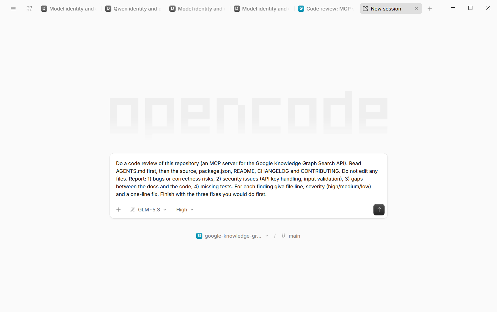 The code review prompt typed into OpenCode with GLM-5.3 selected at High reasoning effort, in the google-knowledge-graph-search-mcp project on the main branch