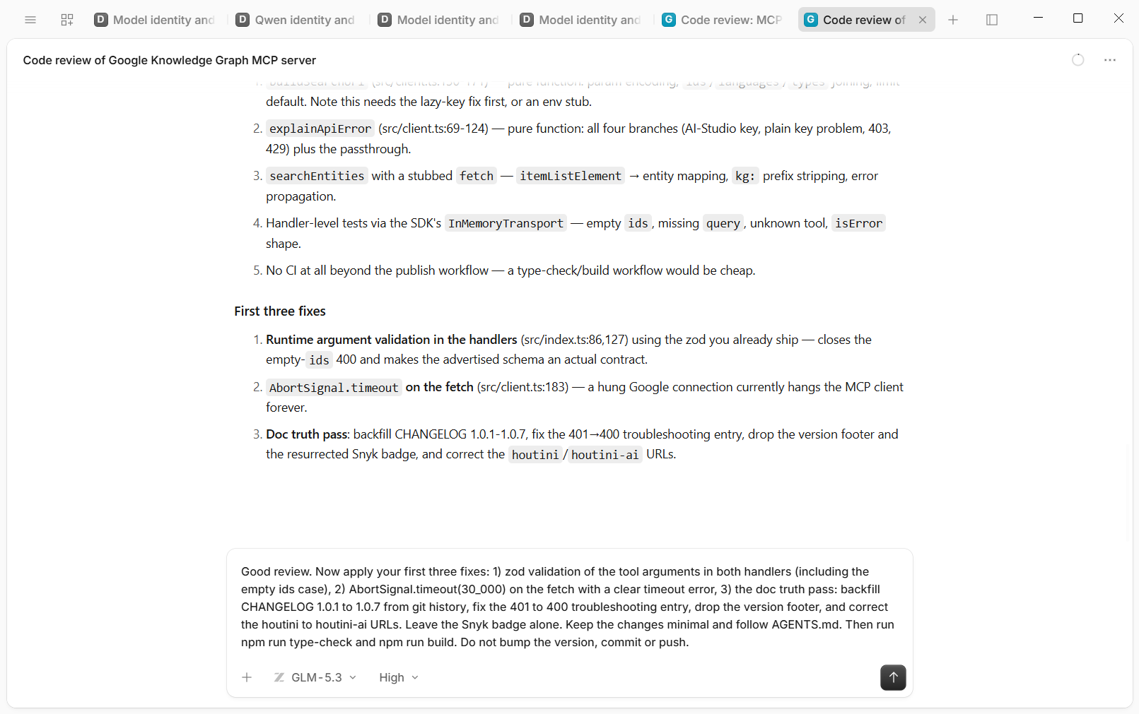 The end of GLM-5.3's code review, listing its first three fixes, with the follow-up prompt asking it to apply them
