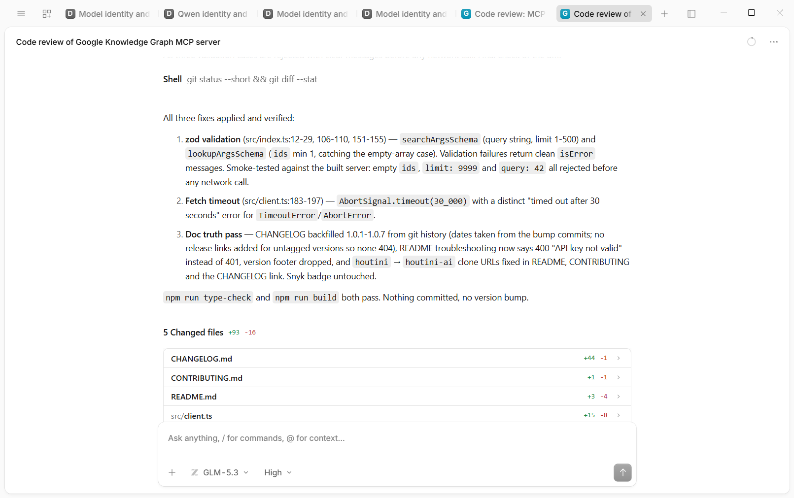 GLM-5.3's summary after applying the fixes: zod validation, a fetch timeout and a documentation pass, with type-check and build passing and five changed files