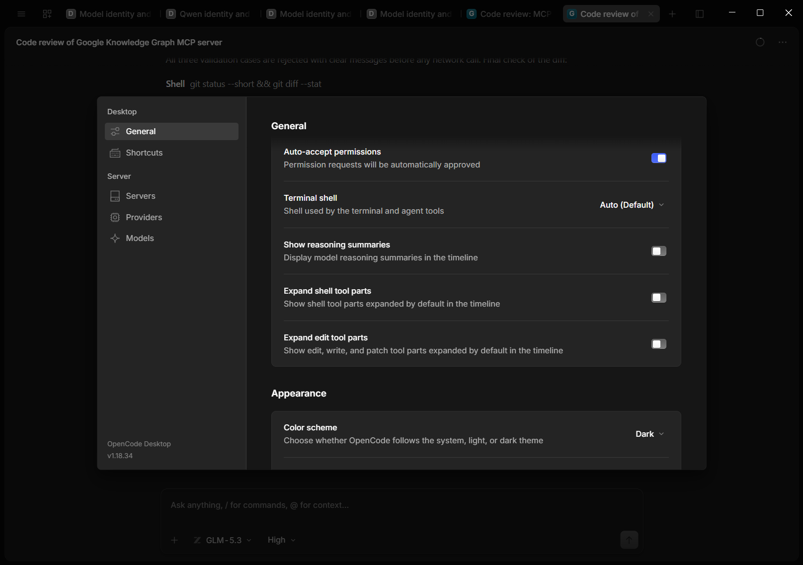 OpenCode Desktop settings in dark mode with Auto-accept permissions switched on under General and the colour scheme set to Dark