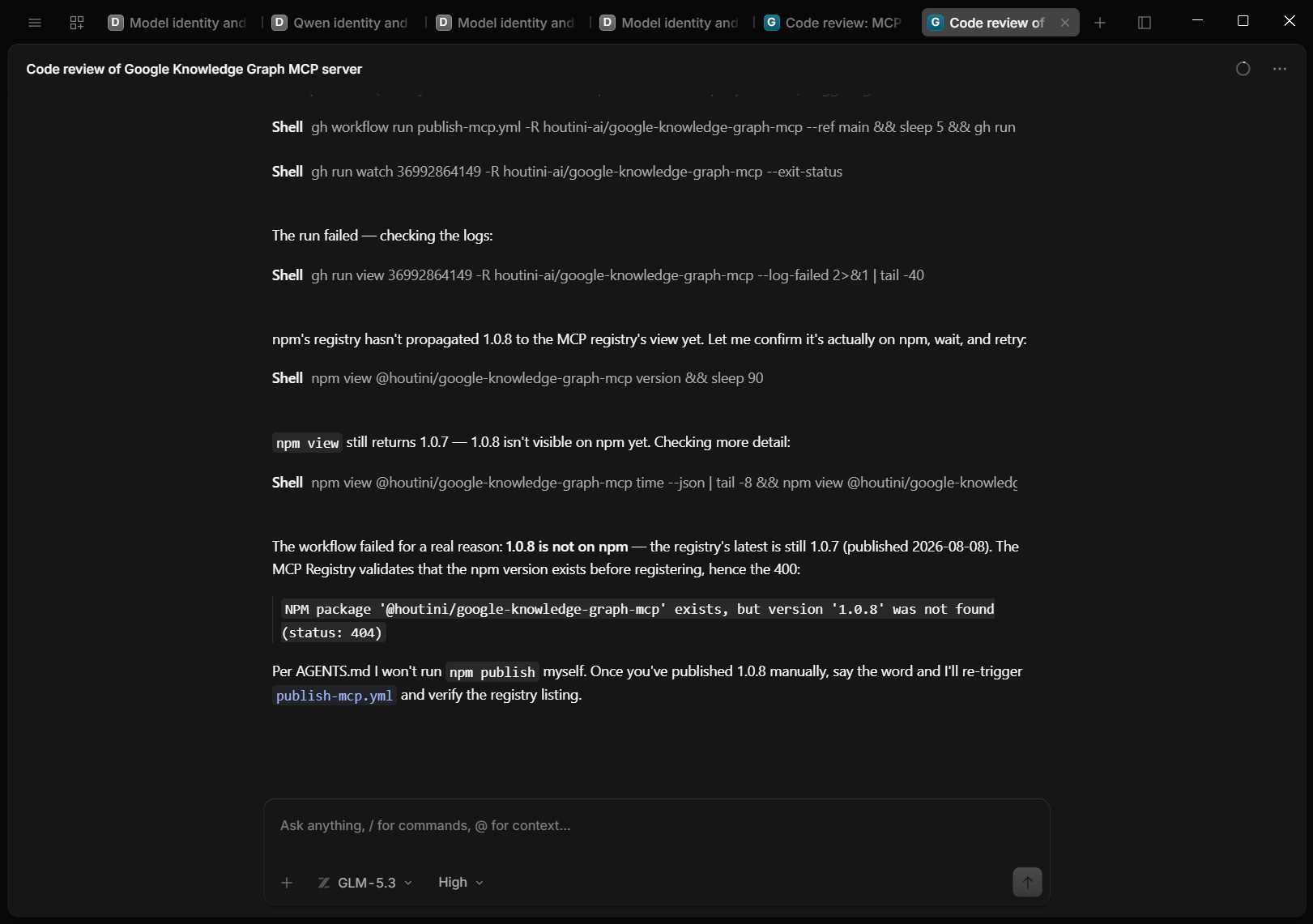 GLM-5.3 reading a failed MCP Registry publish log and explaining that version 1.0.8 was not on npm yet