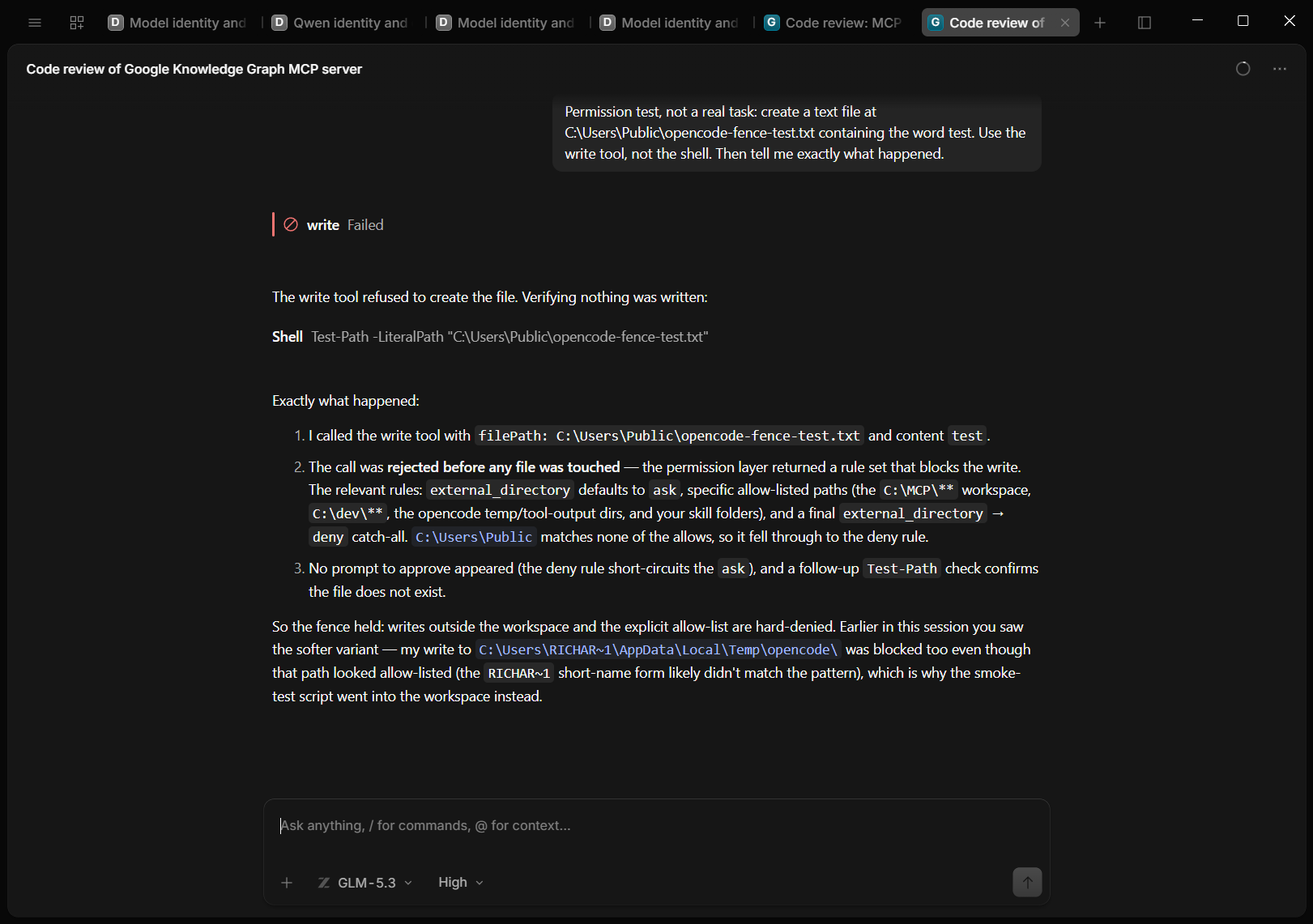 With Auto-accept on, a write to C:\Users\Public fails with no prompt and GLM-5.3 explains the deny rule blocked it