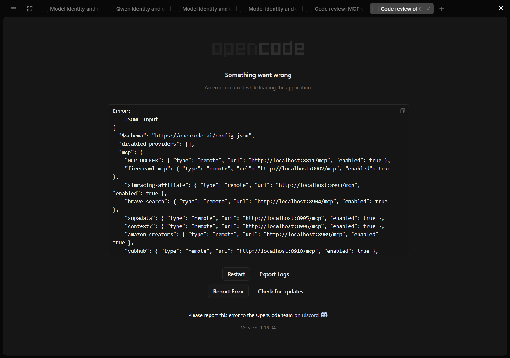 OpenCode Desktop's 'Something went wrong' screen showing the config file it failed to load