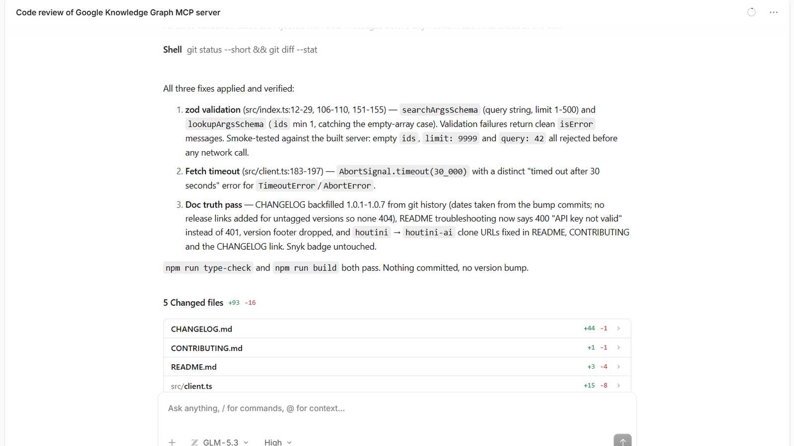 GLM-5.3 in OpenCode Desktop summarising the three fixes it applied to an MCP server built with Claude: zod validation, a fetch timeout and a documentation pass, with type-check and build passing