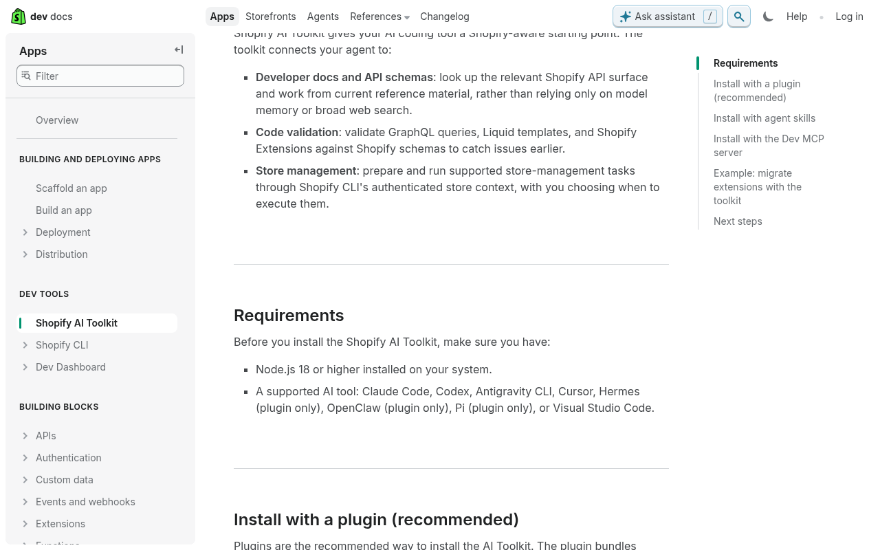 Shopify AI Toolkit page on shopify.dev listing its requirements: Node.js 18 or higher and a supported AI tool such as Claude Code