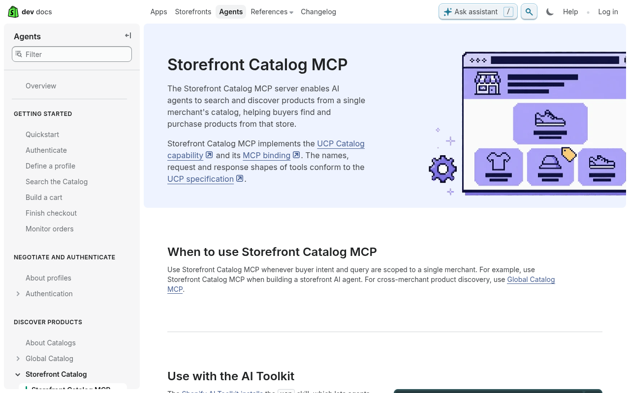 Storefront Catalog MCP page on shopify.dev, describing single-merchant catalogue search through UCP
