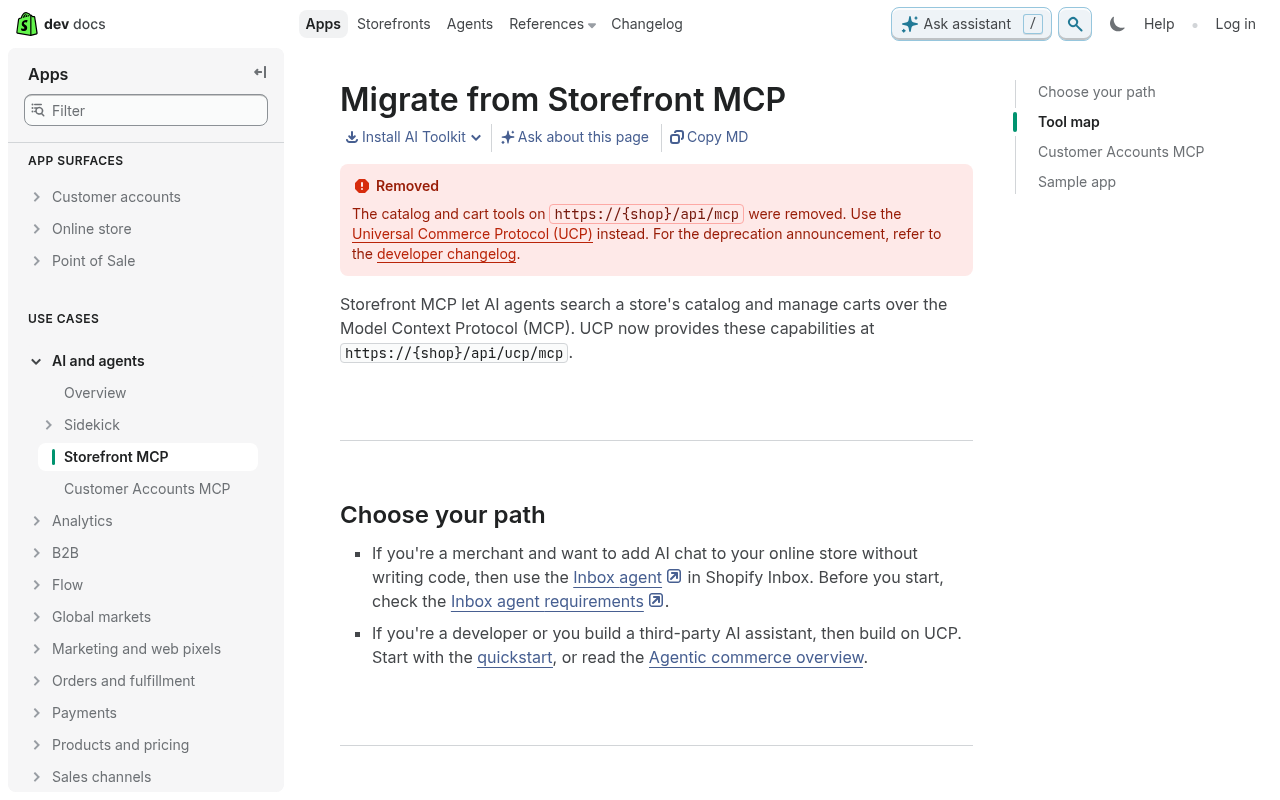 Shopify's developer docs on 2 October 2026: the Migrate from Storefront MCP page with a red Removed notice saying the catalog and cart tools on /api/mcp were removed in favour of UCP
