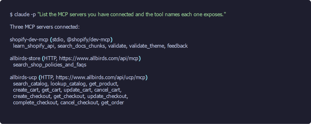 Terminal output from Claude Code listing three connected servers: shopify-dev-mcp with five tools, allbirds-store with one, allbirds-ucp with thirteen