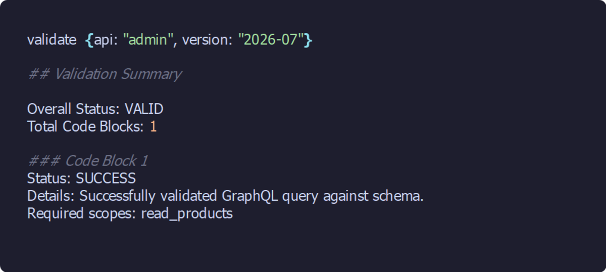 Shopify Dev MCP validate tool output: Overall Status VALID, successfully validated against the schema, Required scopes: read_products