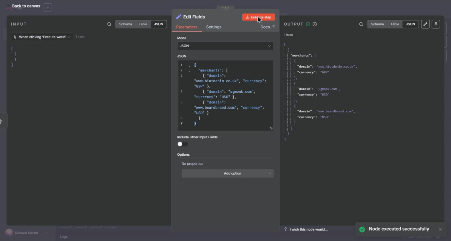 An Edit Fields node in JSON mode holding a merchants array of three Shopify stores, with the one-item output on the right