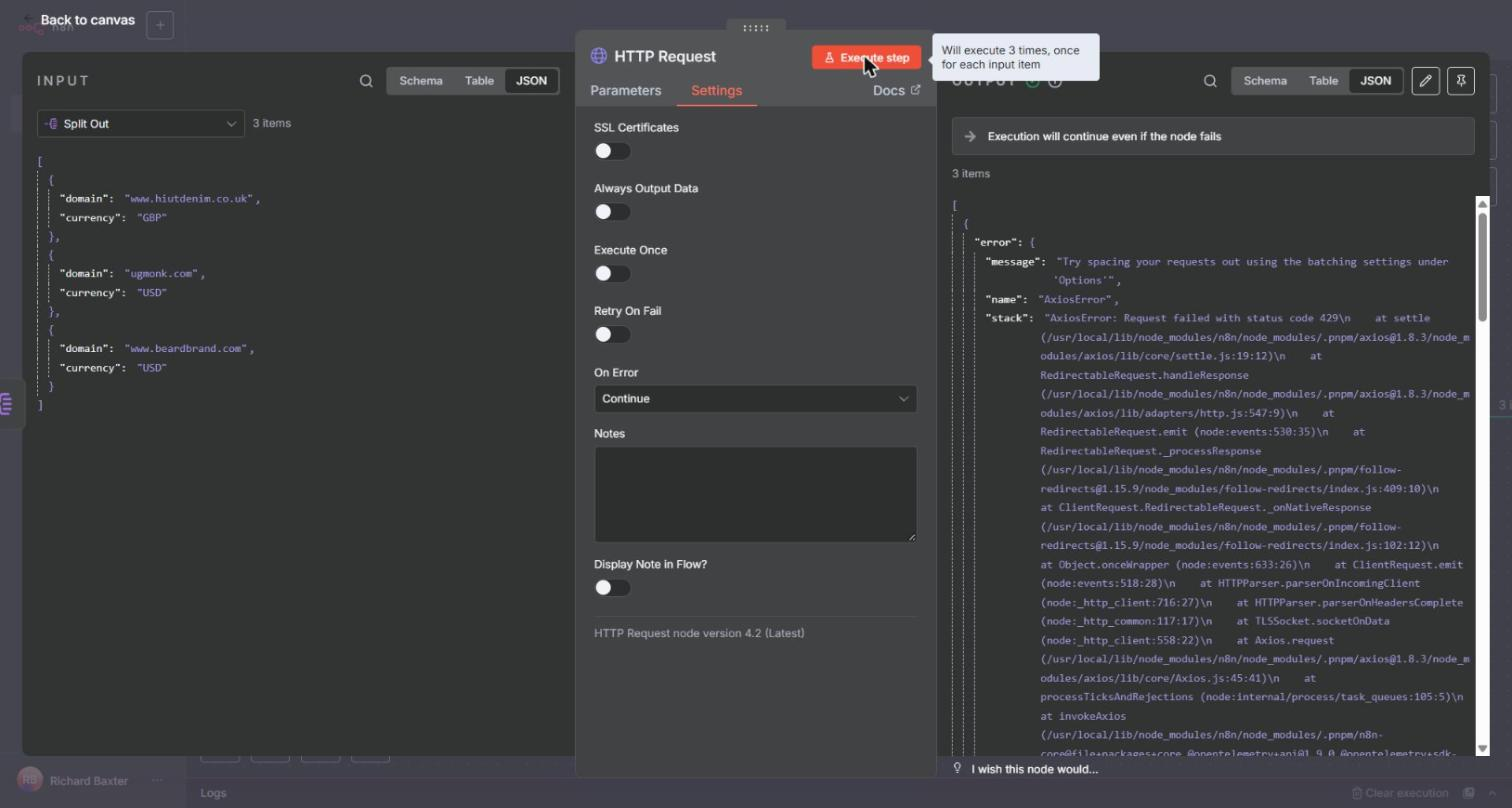 With On Error set to Continue, the HTTP Request node returns three items, each an AxiosError with status 429