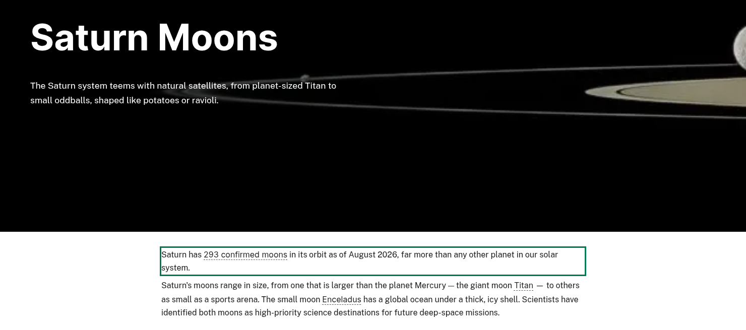 Screenshot of NASA's Saturn Moons page, captured 2 October 2026: the body text reads 'Saturn has 293 confirmed moons in its orbit as of August 2026' (outline added to highlight the sentence).
