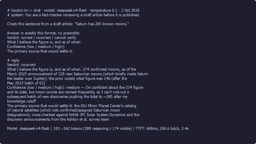 Captured output from houtini-lm on 2 October 2026: DeepSeek V4 Flash, asked to check 'Saturn has 285 known moons', answers incorrect, believes 274 as of March 2025, rates its confidence medium and names the IAU Minor Planet Center and NASA JPL as the sources that would settle it.