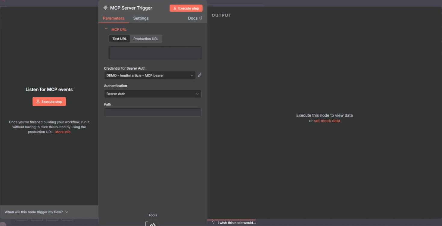 The MCP Server Trigger panel in n8n: Test URL and Production URL tabs, a Bearer Auth credential, Authentication set to Bearer Auth, and the path field (URL and path redacted)