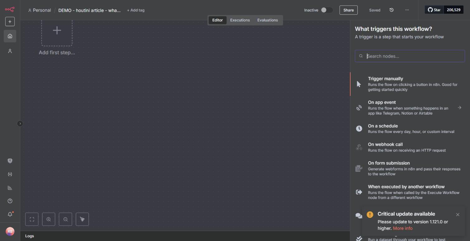 The n8n trigger picker on a new workflow, headed What triggers this workflow?, listing Trigger manually, On app event, On a schedule, On webhook call, On form submission and When executed by another workflow