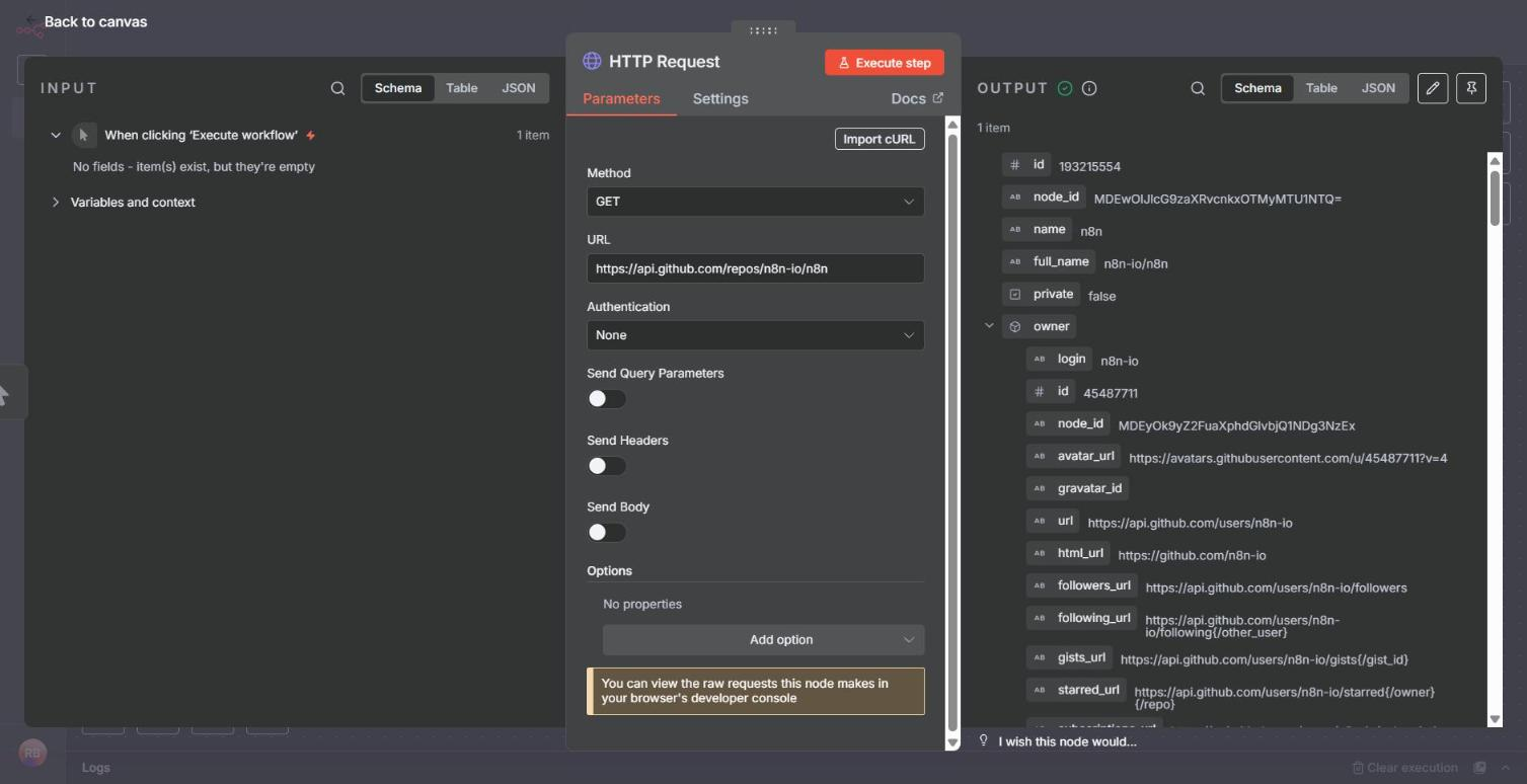 An HTTP Request node set to GET https://api.github.com/repos/n8n-io/n8n with no authentication, and its output: one item with id, name n8n, full_name n8n-io/n8n and the owner fields