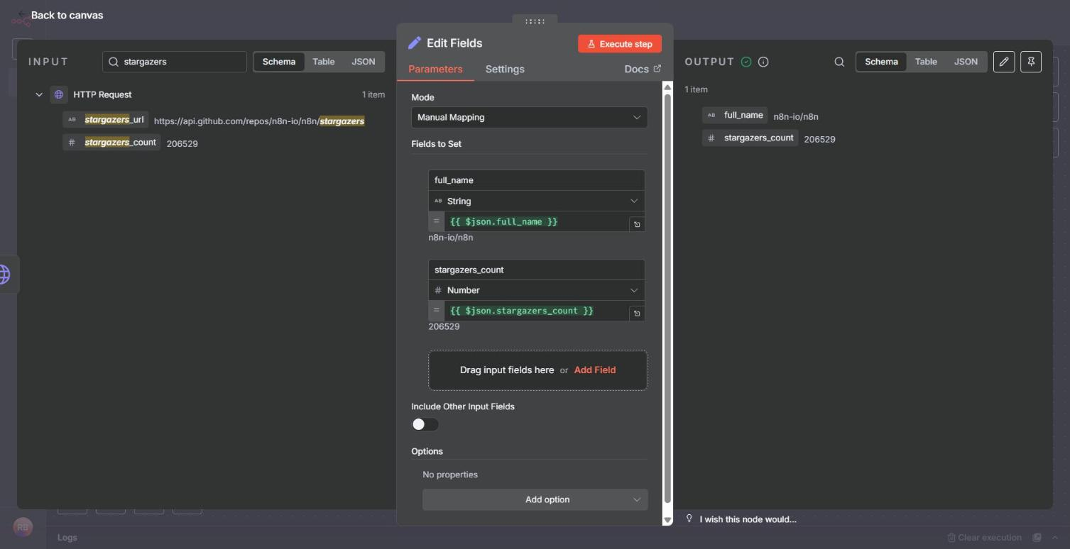 The Edit Fields node with full_name and stargazers_count dragged in from the input, n8n writing the expressions for each, and the output: one item reading n8n-io/n8n and 206529