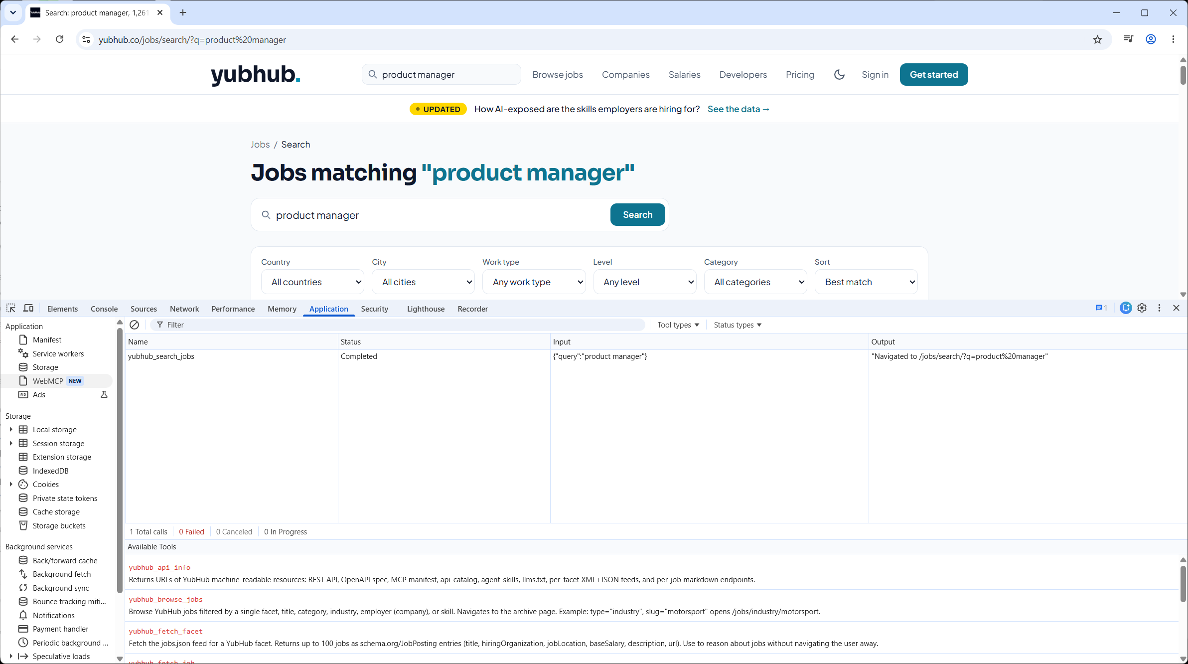 Chrome DevTools open on Application > WebMCP below the YubHub search page for product manager. The log shows one completed yubhub_search_jobs call, with the input query product manager and the output Navigated to /jobs/search/?q=product%20manager. Under it, the Available Tools list begins with yubhub_api_info, yubhub_browse_jobs and yubhub_fetch_facet.