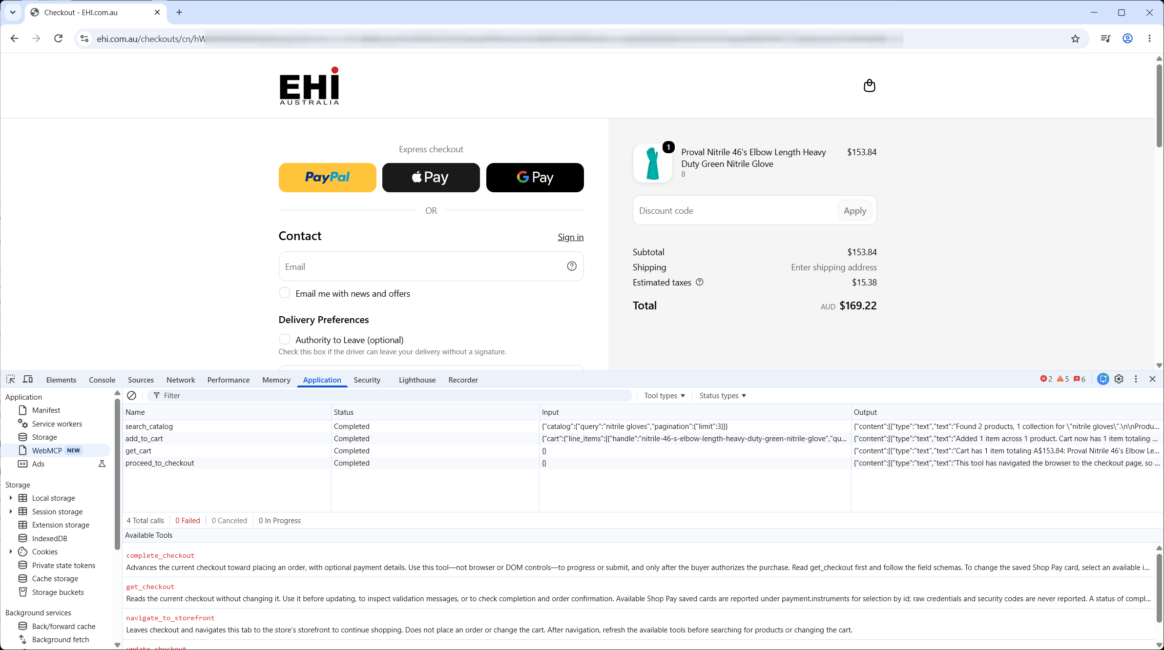 EHI Australia's Shopify checkout in Chrome with one pack of Proval nitrile gloves in the order, total AUD 169.22. DevTools below logs four completed WebMCP calls, search_catalog, add_to_cart, get_cart and proceed_to_checkout, and lists the checkout's own tools, starting with complete_checkout, get_checkout and navigate_to_storefront.