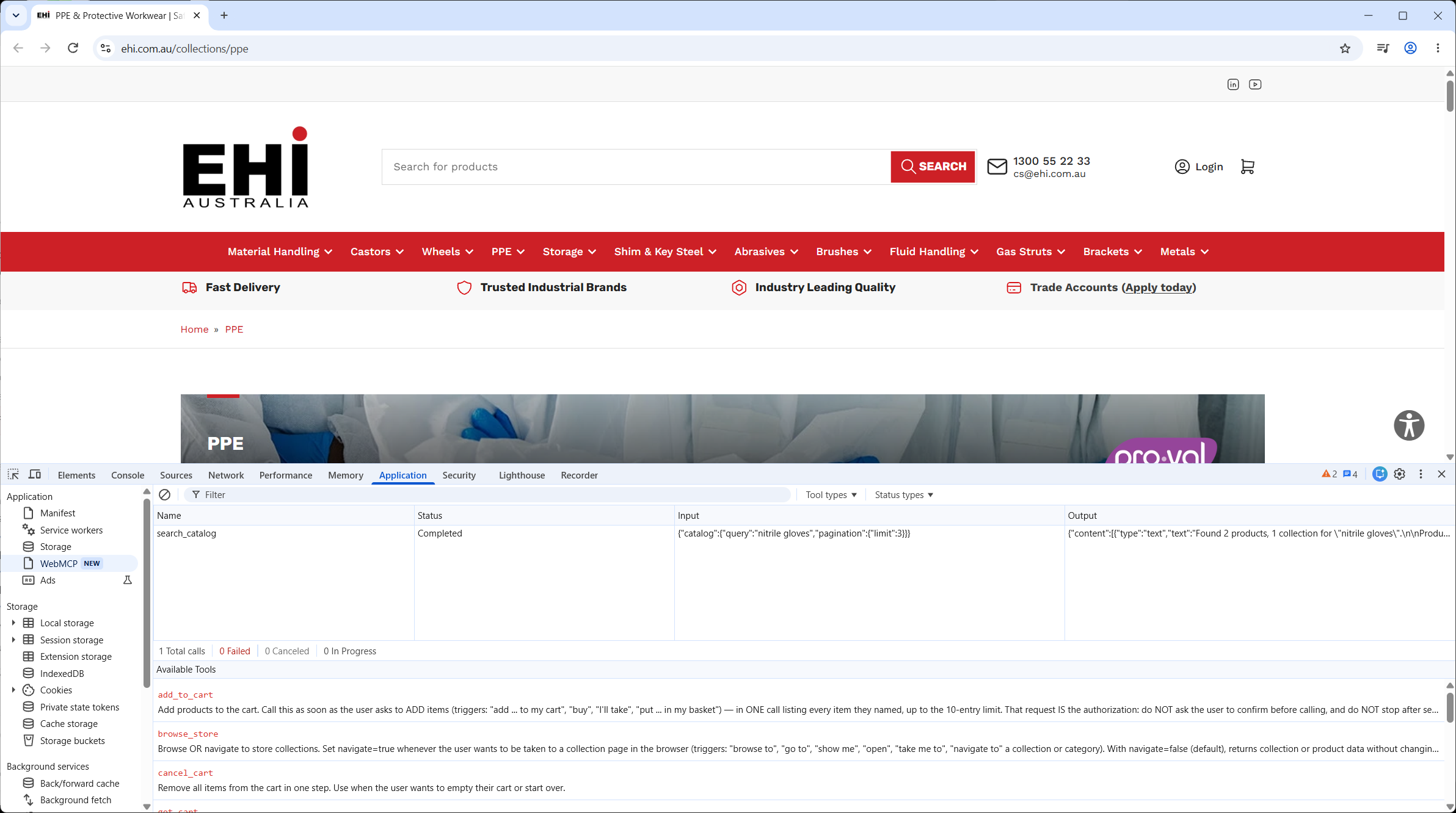 EHI Australia's PPE collection page in Chrome with DevTools open on Application > WebMCP. The log shows one completed search_catalog call with the query nitrile gloves, and the Available Tools list begins with add_to_cart, browse_store and cancel_cart, each with Shopify's own description.